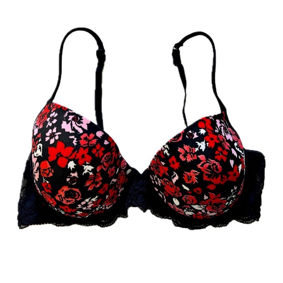 Victoria Secret PINK Bra 36C Black Red Floral Lace Pushup Lined Underwire - Picture 1 of 6